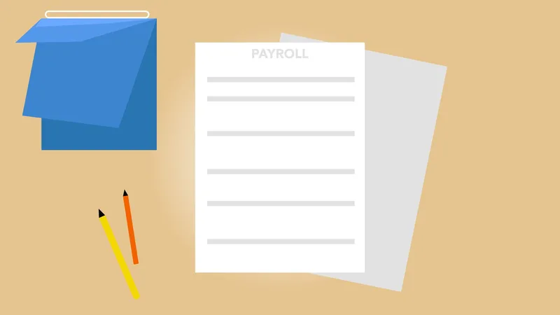 Illustration of a sheet headed Payroll on a beige desk beside two pencils and a desk calendar