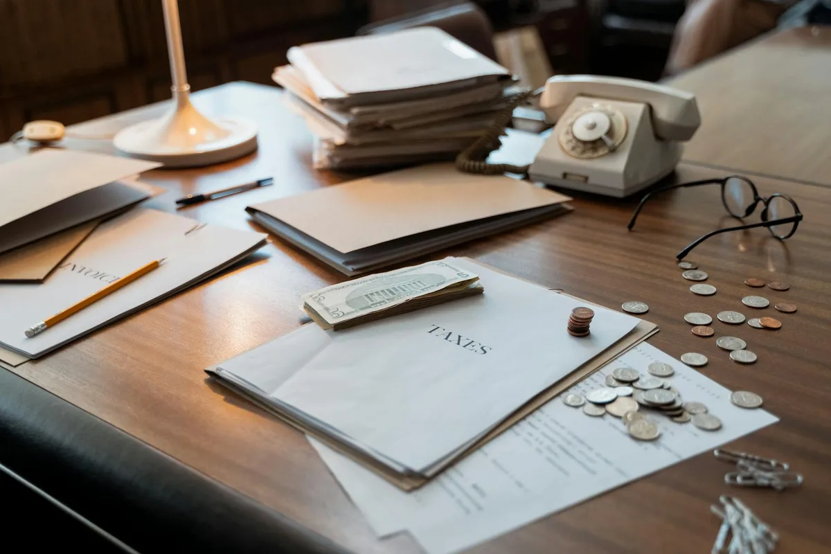 Tax documents, coins, and glasses on an office desk representing UAE VAT filing obligations